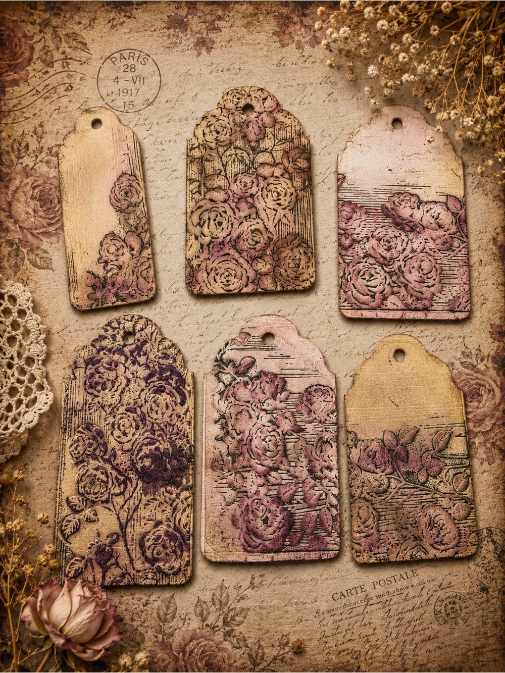 Handmade Vintage Floral Gift Tags Set 6 Repurposed Junk Journal Tags